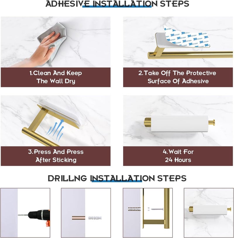 ASTOFLI Gold Paper Towel Holder Under Cabinet Mount Self Adhesive, Wall Mount Paper Towel Holder Wall Mounted Hanging Towels Holders for Kitchen - Image 5